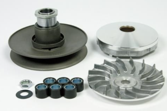 Set of mechanical parts including pulleys and bearings on a white background