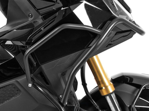 Close-up of a motorcycle's front suspension and headlight guard on a white background