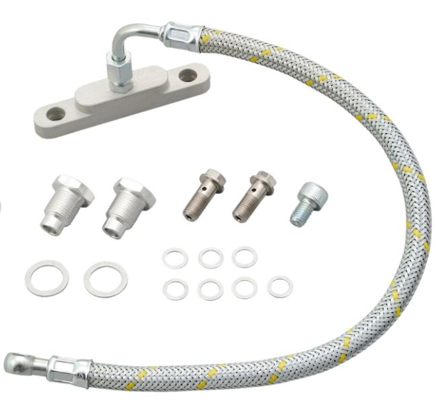 Brake hose kit with various components on a white background