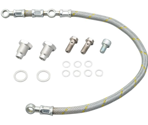 Brake line kit with connectors and washers on a white background