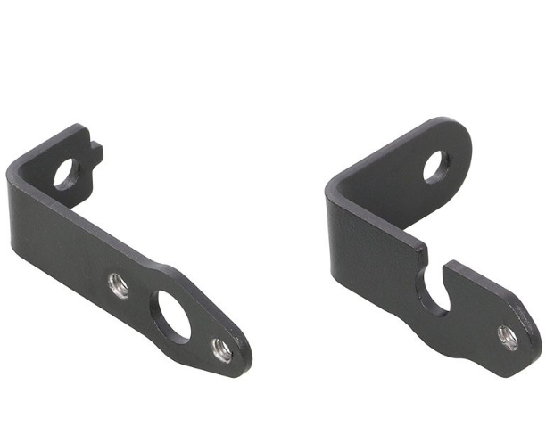 Two black metal brackets on a white background