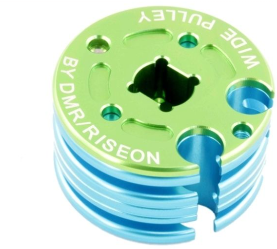Green and blue pulley wheel with 'DMR/Riseon' branding on a white background