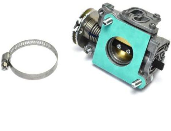 Mechanical component with teal casing and metal band on a white background