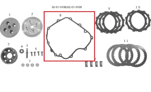 Set of mechanical components including gears and a gasket on a white background