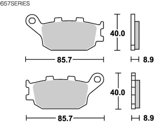 Brake pads with dimensions labeled on a white background