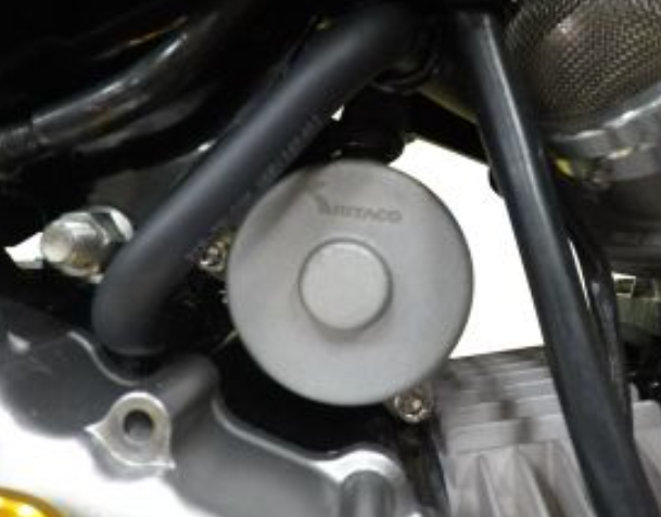 Close-up of a motorcycle engine with a brand logo on a white background