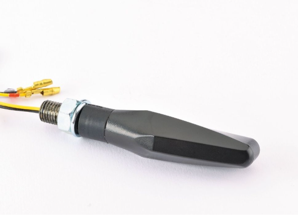 Black motorcycle exhaust pipe with electrical connectors on a white background