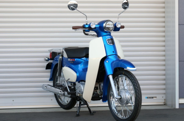 Blue and white motorcycle parked in front of a gray garage door