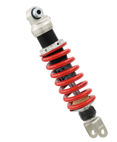 Motorcycle shock absorber with red spring on a white background