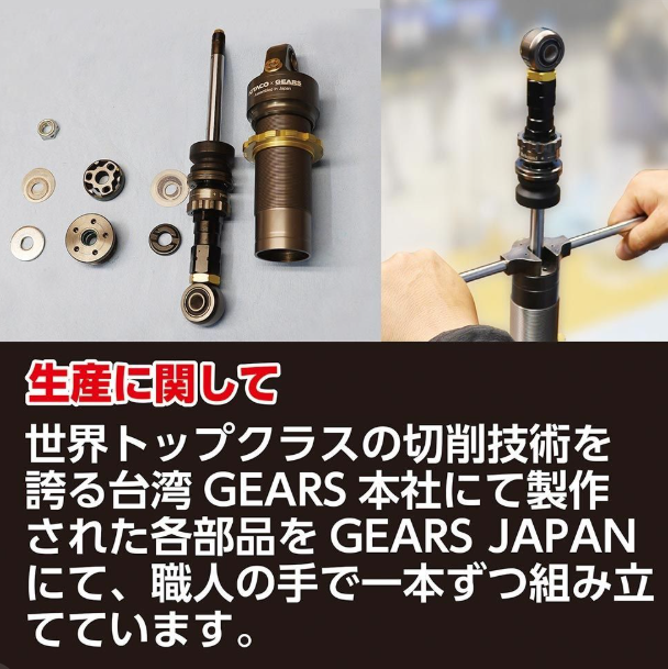 Mechanical components and assembly process with text about Gears Japan.