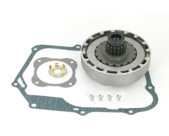 Mechanical component with gaskets and washers on a white background
