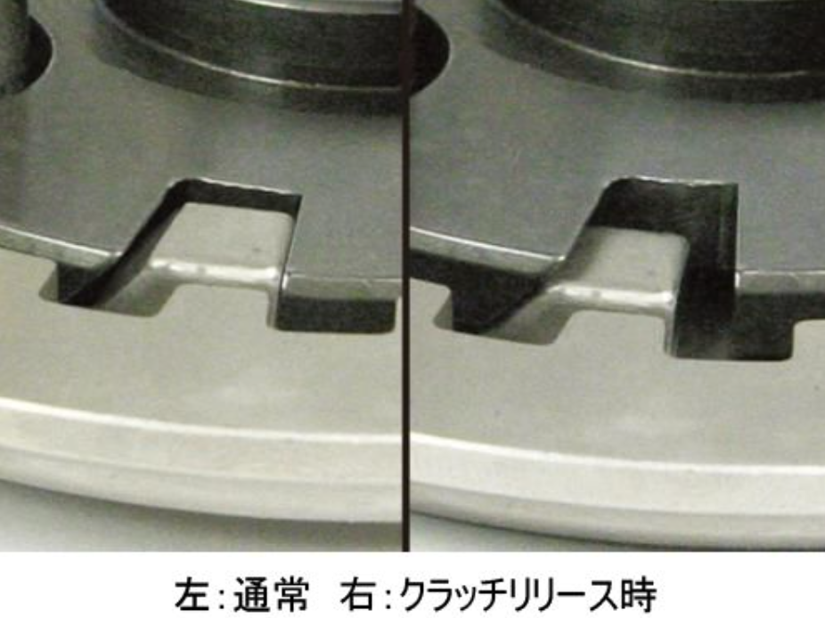 Comparison of a metal surface with and without a release agent, labeled '通常' and 'クラッチリリース時'.