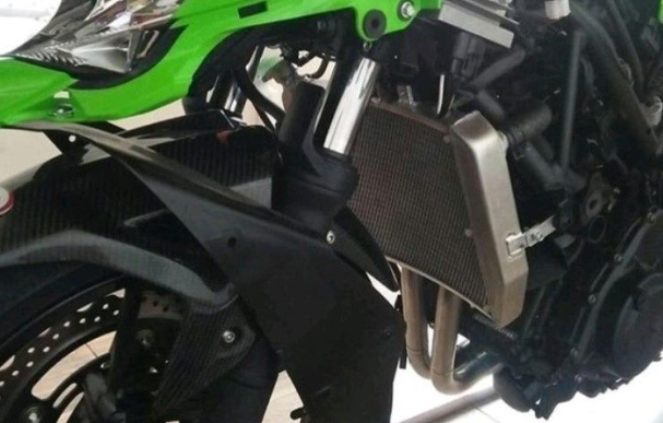 Close-up of a motorcycle radiator guard on a green and black motorcycle.