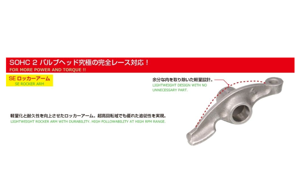 Metal rocker arm with Japanese text and red banner on a white background