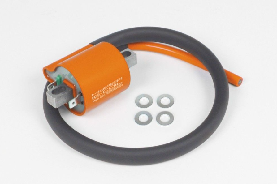Orange ignition coil with black cable and washers on a white background