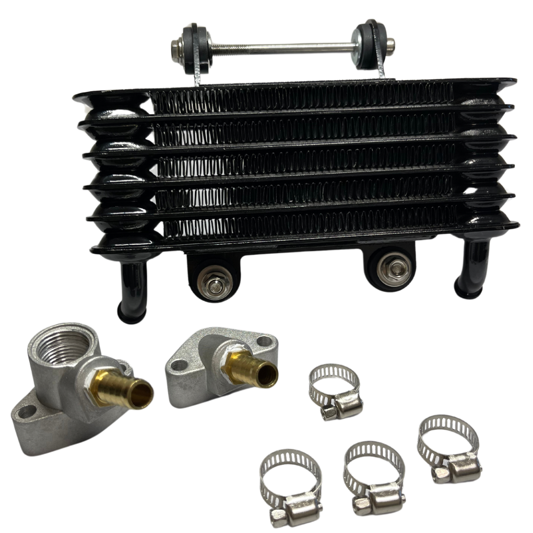Oil cooler set for Kawasaki KZ1000 Z1 Z2 with black finned core, mounting hardware, and brass hose fittings. Includes 2M hose and clamps.