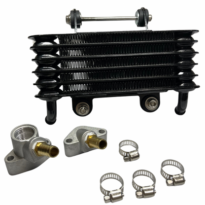 Oil cooler set for Kawasaki KZ1000 Z1 Z2 with black finned core, mounting hardware, and brass hose fittings. Includes 2M hose and clamps.