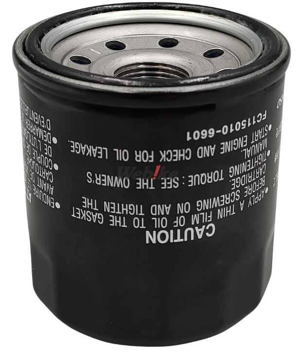 Black oil filter with text on a white background