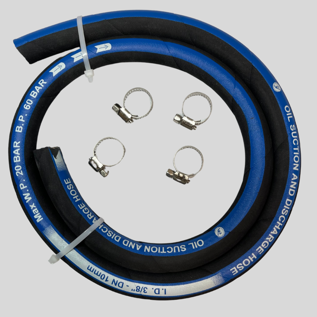 Kawasaki oil cooler hose, 1m length, blue and black fabric-wrapped design with heat and pressure resistance. Includes four secure hose bands.