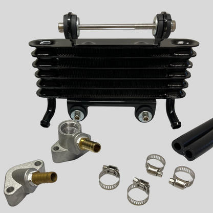 Oil cooler Z1 Z2 genuine type universal Kawasaki set with black cooler unit, hoses, clamps, and fittings for motorcycle engine oil circulation