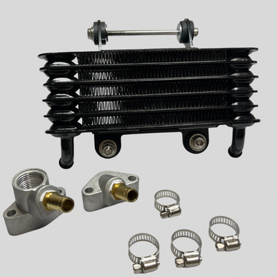 Oil cooler Z1 Z2 genuine type universal Kawasaki set with black finned cooler, hose fittings, and clamps for motorcycle engine oil circulation