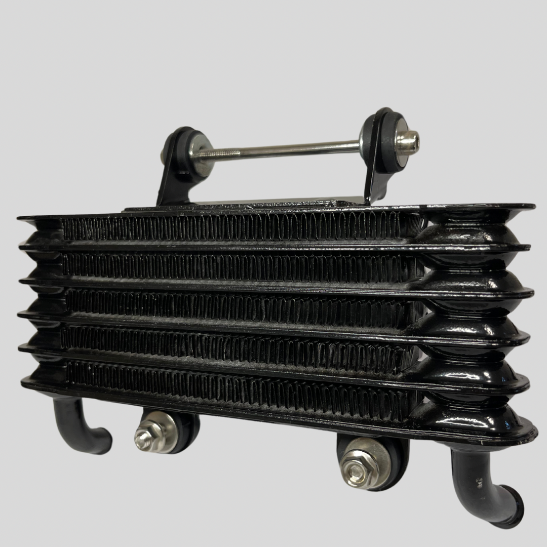 Kawasaki Z1/Z2 Z750-1000 OEM type oil cooler body with 4-stage black core and floating damper mount for racing performance upgrades