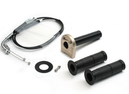 Motorcycle handlebar kit with grips, throttle cable, and other components on a white background