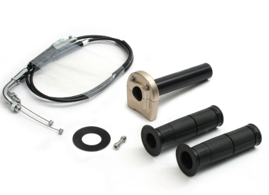 Motorcycle handlebar kit with grips, throttle cable, and other components on a white background