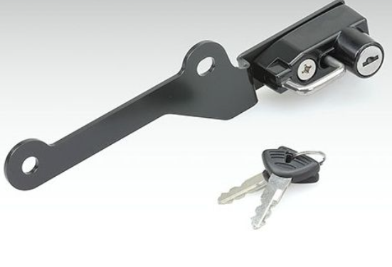 Black motorcycle lock with keys on a white background