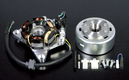 Motor parts and components on a black background