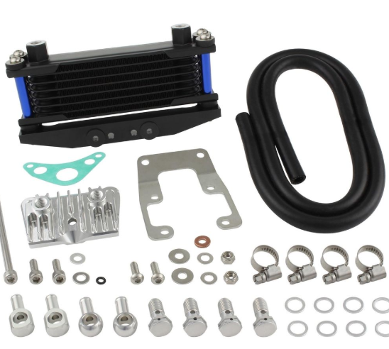 Oil cooler kit with components on a white background