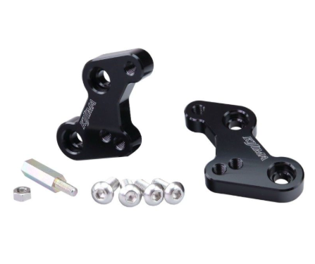 Two black metal brackets with screws on a white background