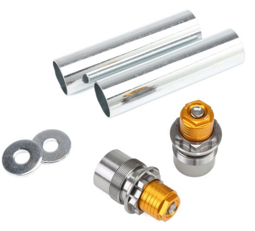 Set of metal components including pipes and connectors on a white background