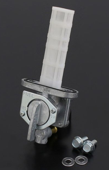 Fuel valve assembly with a white plastic component on a black background