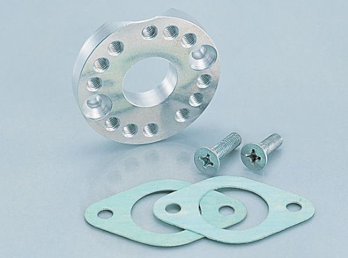 Metal flange, screws, and gaskets on a light gray background