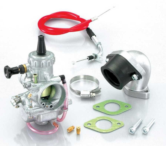 Car engine parts including a throttle body and gaskets on a white background