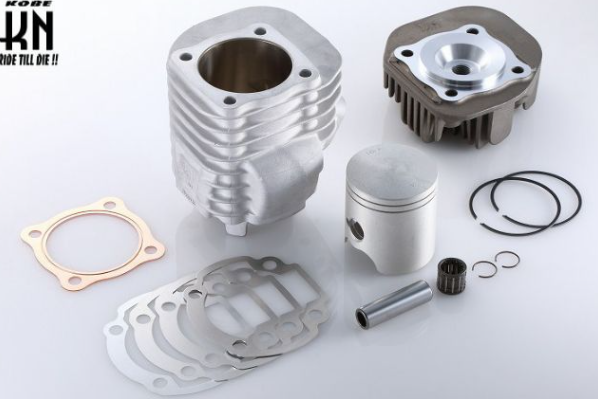 Motorcycle engine parts including cylinders, gaskets, and washers on a white background.