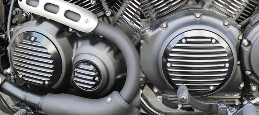 Close-up of a motorcycle engine with a focus on the air intake system.