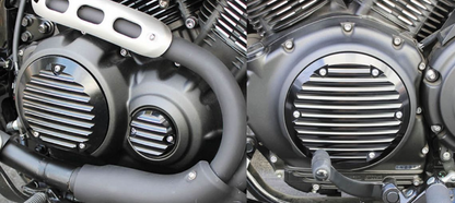 Close-up of a motorcycle engine with a focus on the air intake system.