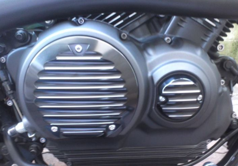 Close-up of a motorcycle engine with metallic finish
