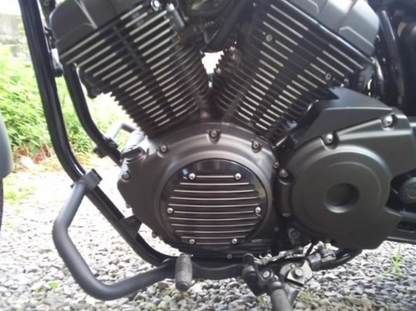 Close-up of a motorcycle engine with a blurred natural background