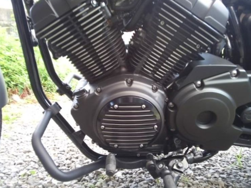 Close-up of a motorcycle engine with a blurred natural background