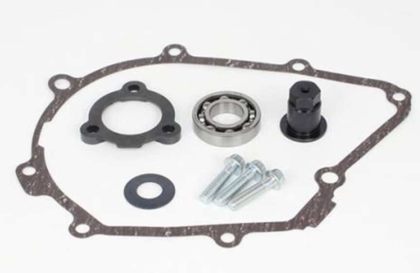 Mechanical gasket set with bearings and bolts on a white background