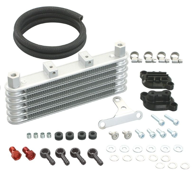 Oil cooler kit with various components on a white background
