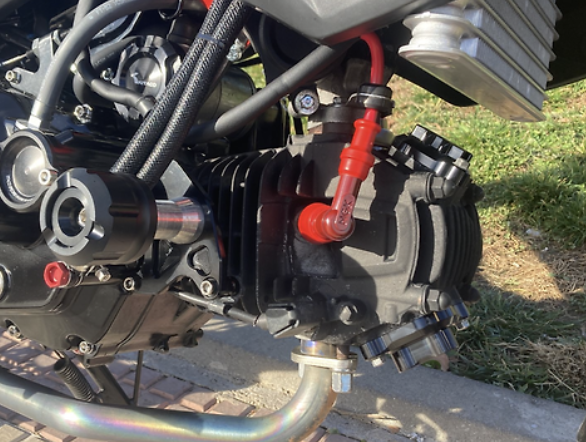 Close-up of a motorcycle's suspension system with red accents on a grassy background.