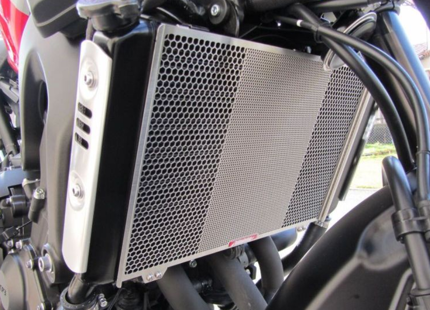 Motorcycle radiator cover with honeycomb design on a motorcycle