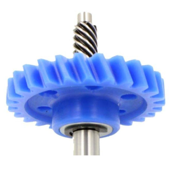 Blue gear with a metal shaft on a white background