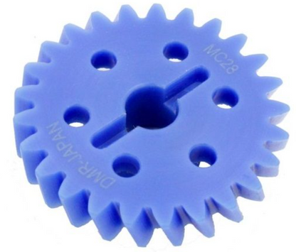 Blue plastic gear with a central shaft on a white background