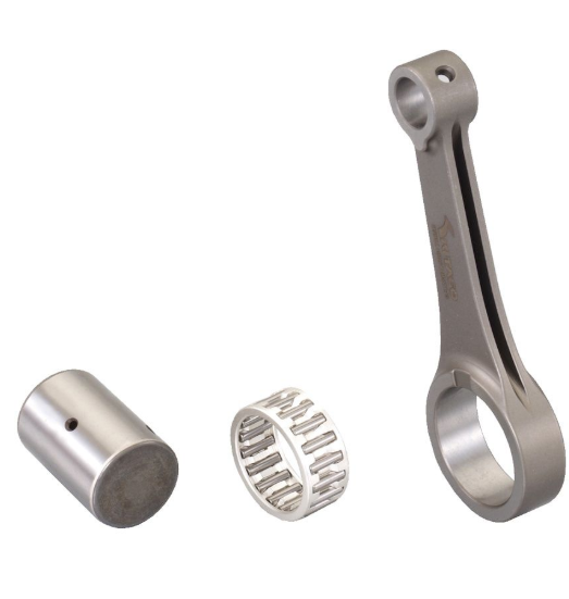 Metal connecting rod and related components on a white background