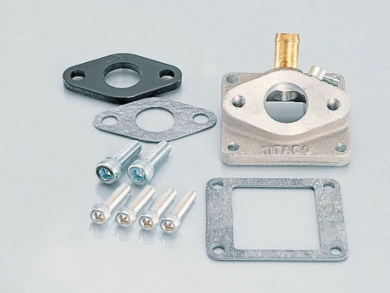 Mechanical parts including a carburetor, gaskets, and screws on a gray background